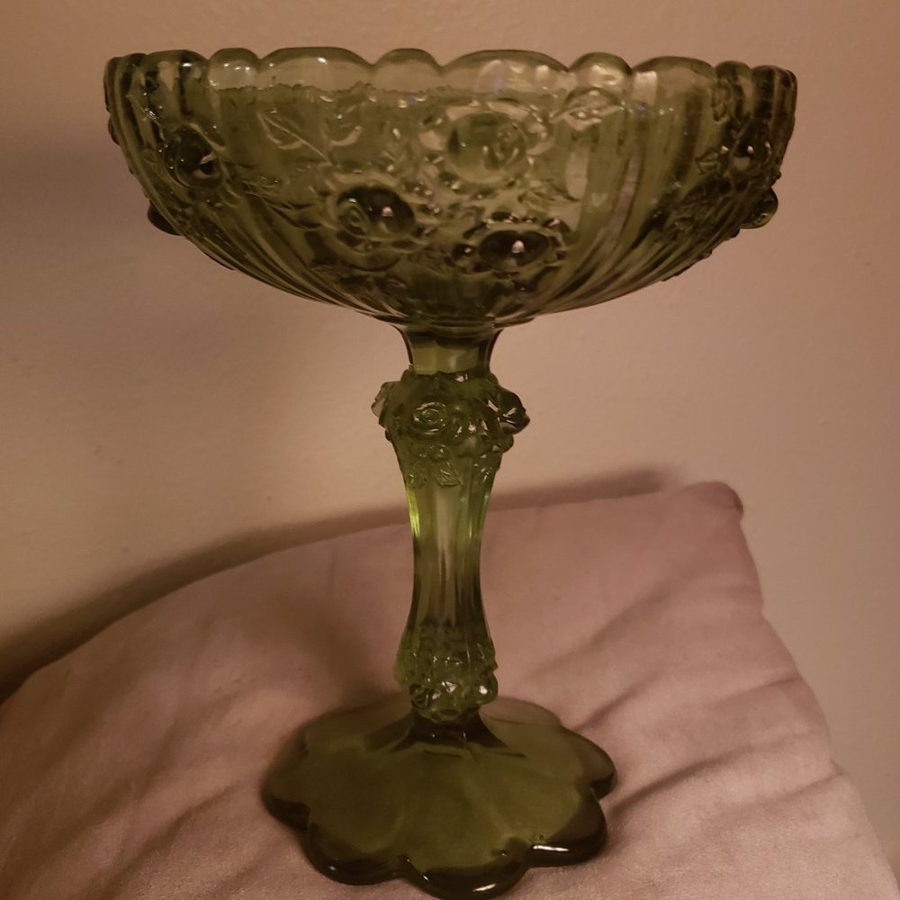 Mid 20th Century Fenton Cabbage Rose Green Glass Candy Dish Pedestal Compote